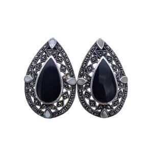 VTG 925 Large Statement Pear Shapes Onyx & Marcasite & MOP Clip On Earrings